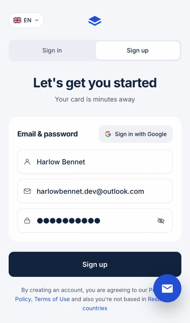The sign-up form, with the Sign up tab selected and name, email and password filled in.