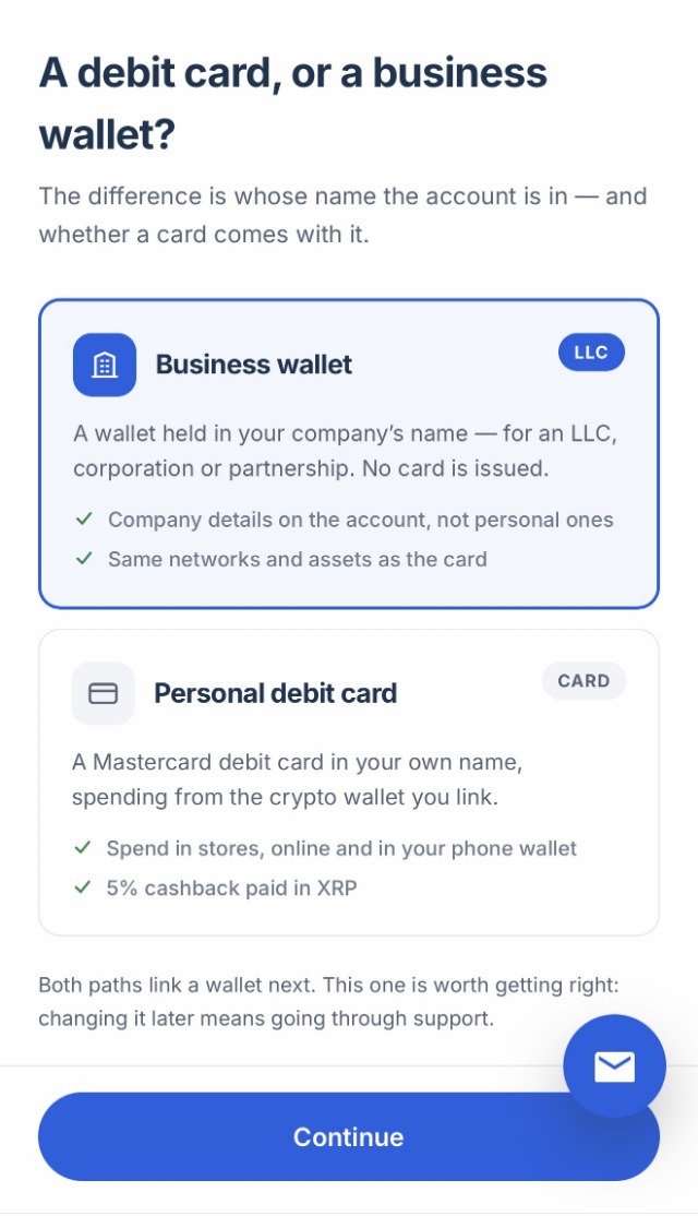 The product choice screen with Business wallet selected over Personal debit card.