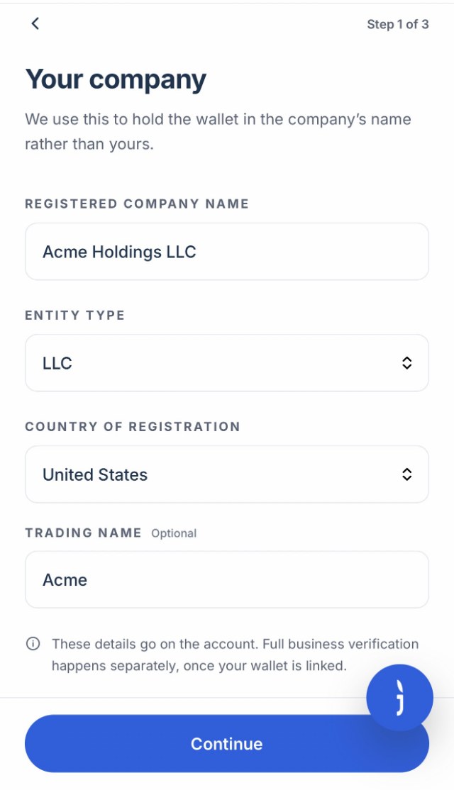 The Your company form with a registered company name, entity type LLC, country of registration and an optional trading name.