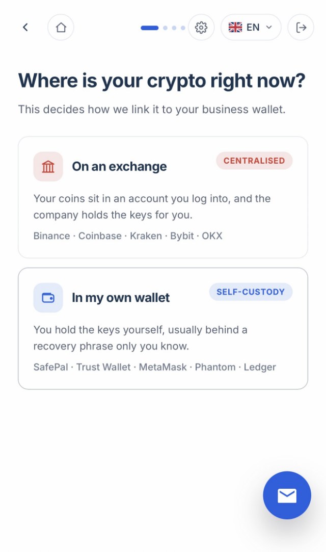 The question Where is your crypto right now, offering On an exchange or In my own wallet, with neither selected.