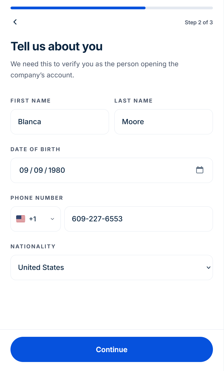 The Tell us about you form with first and last name, date of birth, phone number with a country dial code, and nationality.