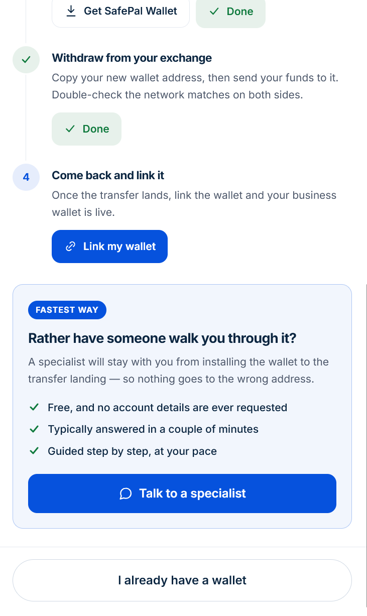 The exchange checklist with the first two steps ticked, the withdrawal step still open, and Link my wallet greyed out until it is.