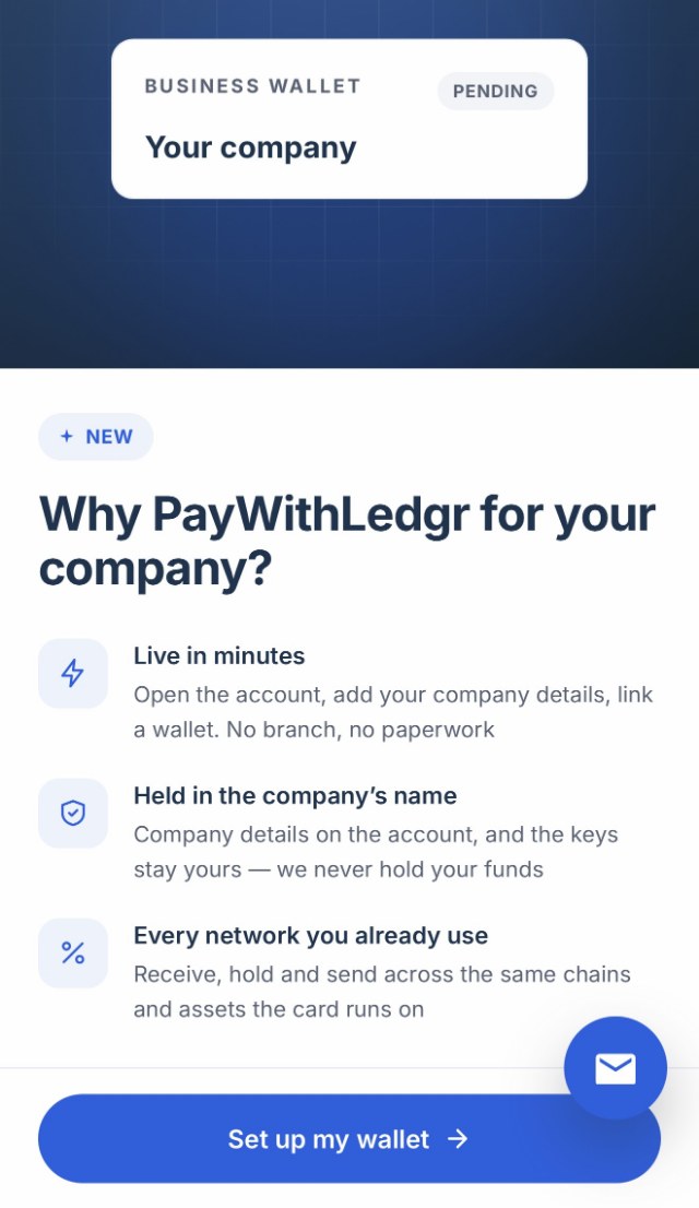 The business wallet introduction: live in minutes, held in the company name, every network you already use.