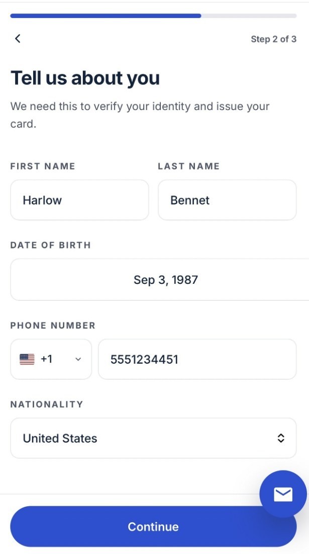 The Tell us about you form with first and last name, date of birth, phone number with a country dial code, and nationality.