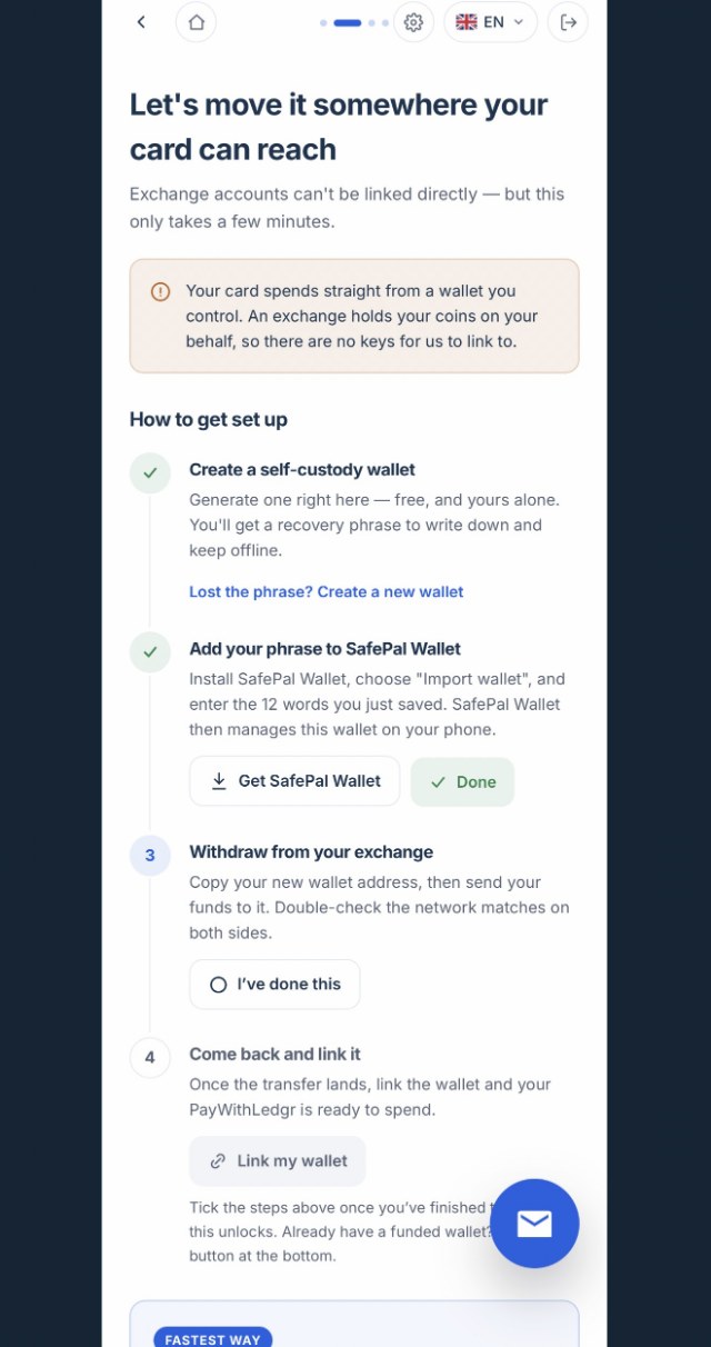 The exchange checklist with the first two steps ticked, the withdrawal step still open, and Link my wallet greyed out until it is.