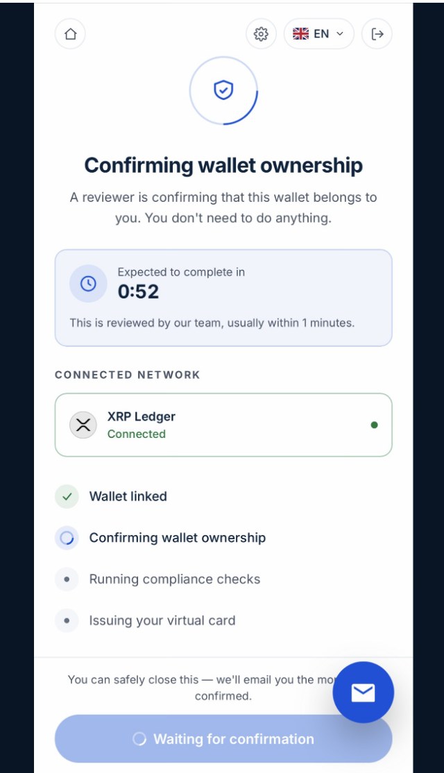 The Confirming wallet ownership screen, showing the connected network and a progress list with wallet linked already ticked.