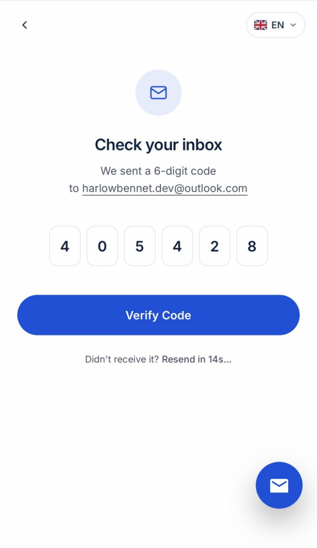The Check your inbox screen with six code boxes filled in and a Verify Code button.