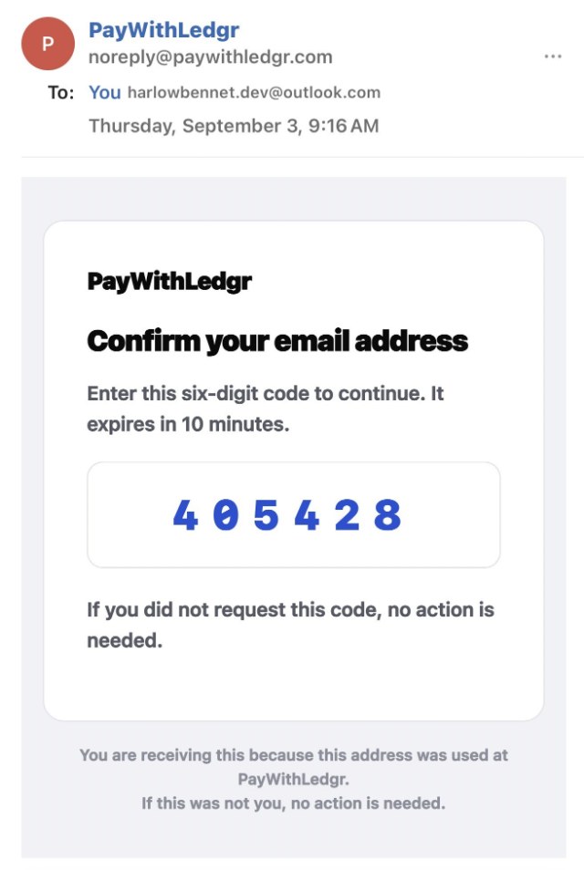 The confirmation email, showing a six-digit code that expires in ten minutes.