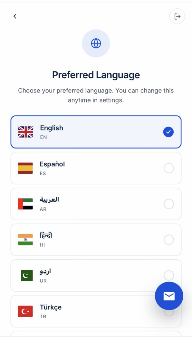 The Preferred Language screen listing English, Espanol, Arabic, Hindi, Urdu and Turkish, each with a flag. English is selected.