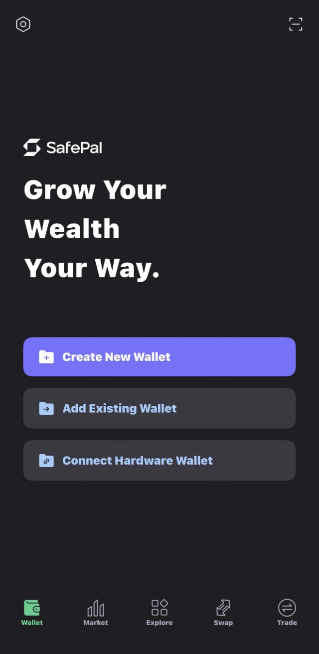 SafePal home screen with three buttons: Create New Wallet, Add Existing Wallet, and Connect Hardware Wallet.