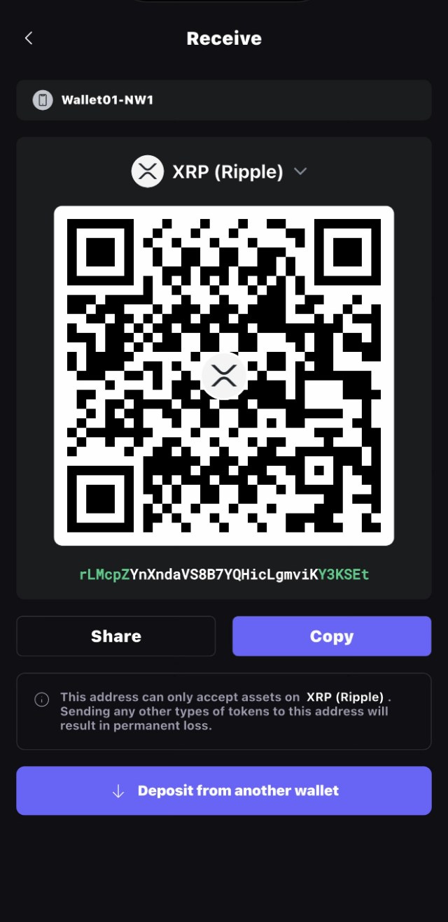 A SafePal receive screen showing a QR code, the wallet address, and a warning that the address accepts XRP only.
