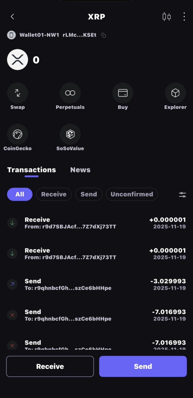 The XRP asset screen in SafePal, with Receive and Send buttons at the bottom.